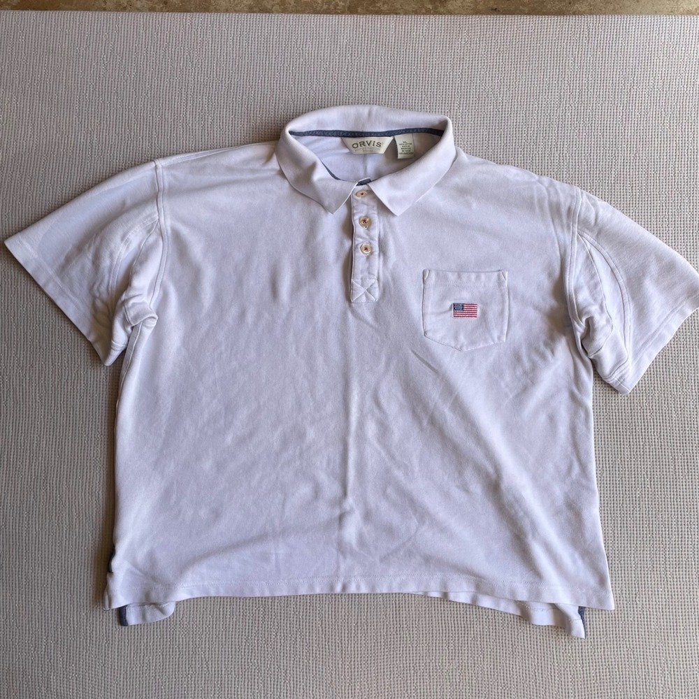 Vintage Orvis Sporting Traditions Polo Men's XL White USA Flag 100% Cotton